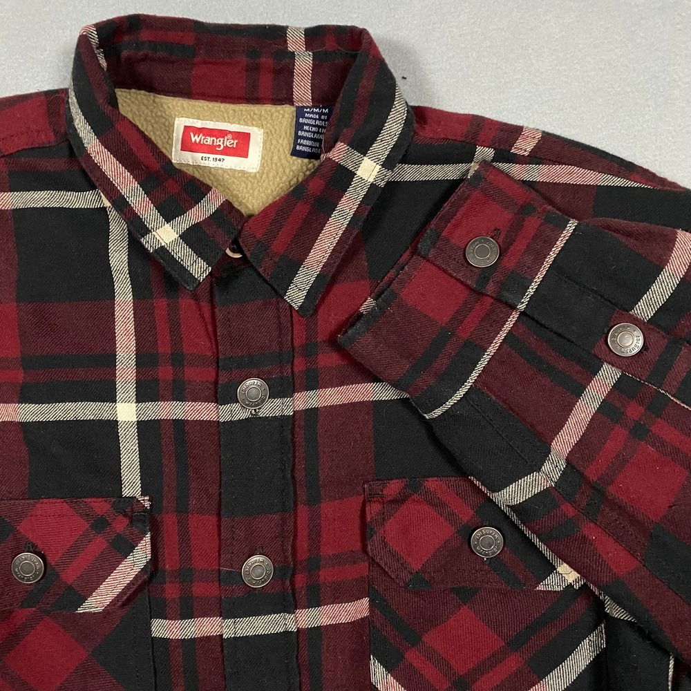 Wrangler Mens Red Plaid Sherpa Lined Flannel Shirt Jacket Snap Front Size Medium